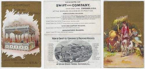 VICTORIAN TRADE FOLDER FOR SWIFT AND COMPANY GLUE AND FERTILIZING, UNION STOCK YARDS, WORLD'S COLUMBIAN EXPOSITION, CHICAGO, ILLINOIS