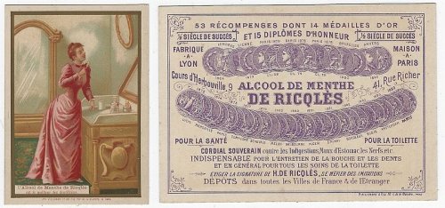 VICTORIAN TRADE CARD FOR ALCOOL DE MENTHE DE RICQLES WITH LOVELY LADY BRUSHING TEETH