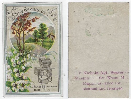 VICTORIAN TRADE CARD FOR NO. 5 NEW REMINGTON SEWING MACHINE WITH LANDSCAPE