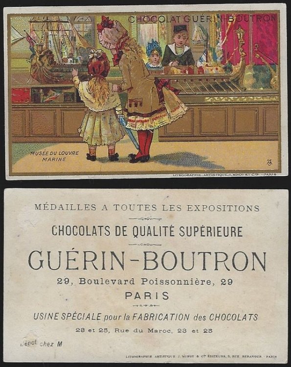 VICTORIAN TRADE CARD FOR GUERIN-BOUTRON CHOCOLATS, PARIS WITH MUSEE DU LOUVRE, MARINE