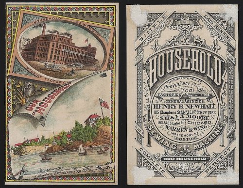 VICTORIAN TRADE CARD FOR HOUSEHOLD SEWING MACHINE WITH MACHINE FACTORY AND SQUANTUM, RHODE ISLAND