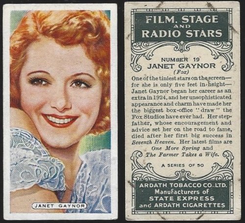 VINTAGE ARDATH CIGARETTE CARD WITH JANET GAYNOR