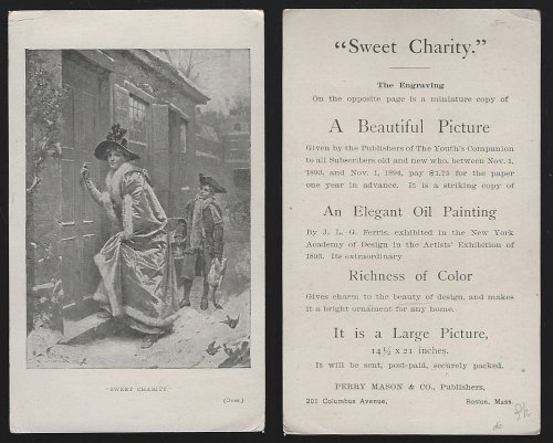VICTORIAN TRADE CARD FOR SWEET CHARITY PRINT FROM YOUTH'S COMPANION, BOSTON MASSACHUSETTS