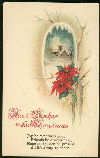 BEST WISHES FOR CHRISTMAS POSTCARD WITH SNOWY CHURCH