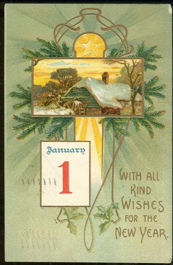 NEW YEAR POSTCARD WITH KIND WISHES AND SNOWY MILL