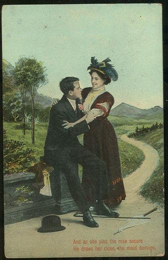 VICTORIAN COURTING COUPLE SHE PINS THE ROSE