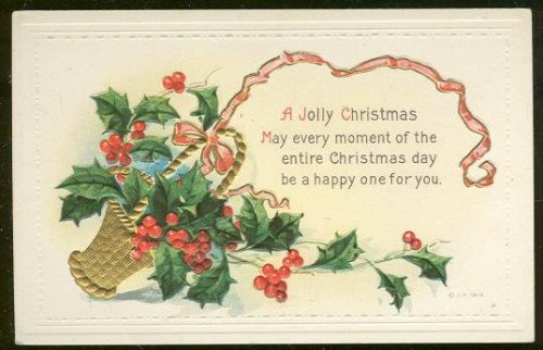 JOLLY CHRISTMAS POSTCARD GOLD BASKET OF SPILLING HOLLY