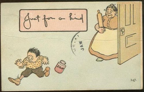 COMIC POSTCARD OF SMALL BOY CAUGHT BY MOM WITH JAM JAR