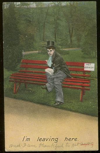 COMIC POSTCARD OF MAN ON PARK BENCH TAKING PANTS OFF