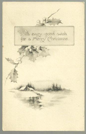 MERRY CHRISTMAS POSTCARD WITH SNOWY LANDSCAPE AND HOLLY