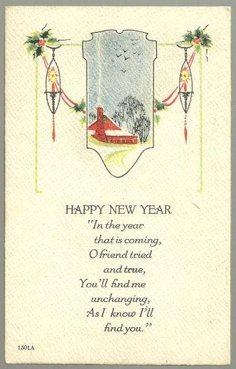 HAPPY NEW YEAR POSTCARD WITH SNOWY RED HOUSE