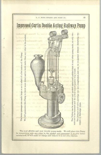 ANTIQUE PRINT OF IMPROVED CURTIS DOUBLE ACTING RAILWAY PUMP FROM 1879 CATALOGUE