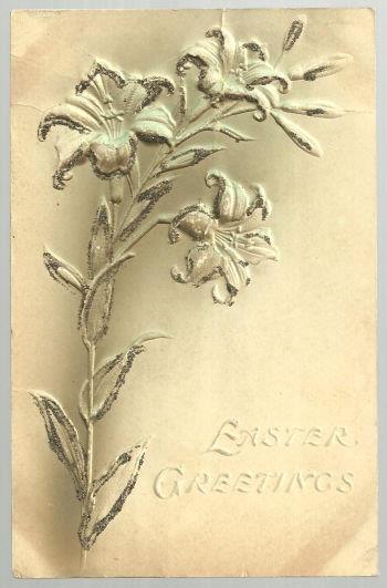 EASTER GREETINGS POSTCARD WITH LILIES OUTLINED IN GLITTER