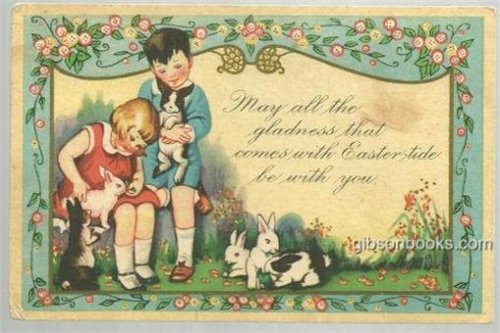 EASTER GREETINGS CARD WITH TWO CHILDREN PLAYING WITH BUNNIES