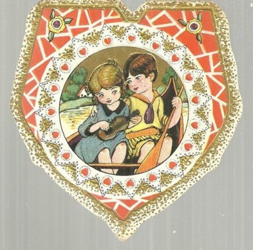 VINTAGE VALENTINE CARD LITTLE GIRL AND BOY IN ROWBOAT