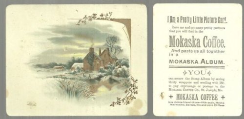 VICTORIAN TRADE CARD FOR MOKASKA COFFEE WITH HOUSE IN WINTER LANDSCAPE