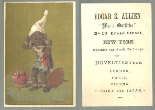 VICTORIAN TRADE CARD FOR EDGAR S. ALLIEN MEN'S OUTFITTER WITH AFRICAN AMERICAN BOY