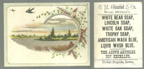 VICTORIAN TRADE CARD FOR G. M. OLMSTED SOAP MAKERS WITH BIRDS AND LANDSCAPE