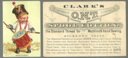 VICTORIAN TRADE CARD FOR CLARK'S MILE END THREAD WITH BOY BANGING A DRUM