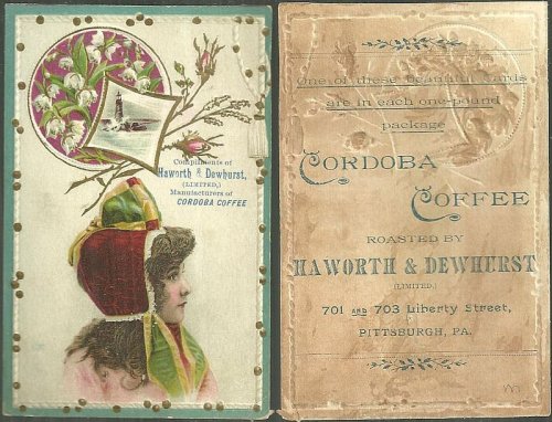 VICTORIAN TRADE CARD FOR CORDOBA COFFEE WITH LOVELY LADY AND FLOWERS