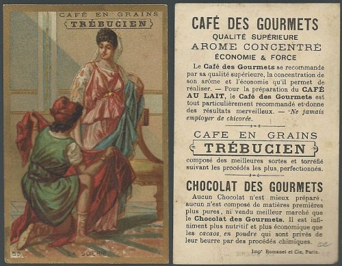 VICTORIAN TRADE CARD FOR TREBUCIEN, CAFE EN GRANINS WITH CLASSICAL SCENE, LA SOIERIE