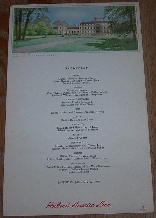 VINTAGE BREAKFAST MENU FOR HOLLAND-AMERICA LINE SATURDAY, JANUARY 22, 1966