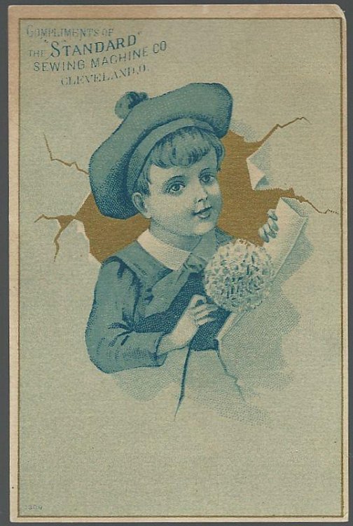 VICTORIAN TRADE CARD FOR STANDARD SEWING MACHINE CO., CLEVELAND, OHIO WITH BOY AND FLOWER