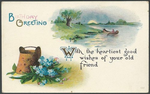 BIRTHDAY GREETINGS POSTCARD WITH CANOE AND FLOWERS