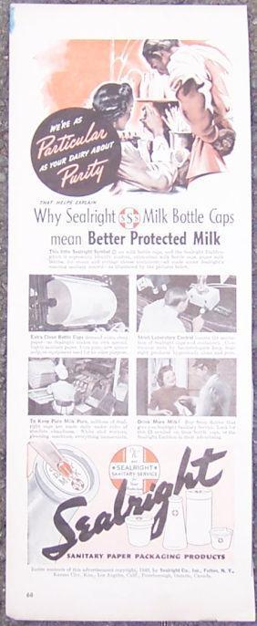 1940 SEALRIGHT MILK BOTTLE CAPS MAGAZINE ADVERTISEMENT
