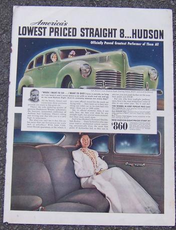 1940 HUDSON EIGHT AUTOMOBILE MAGAZINE ADVERTISEMENT