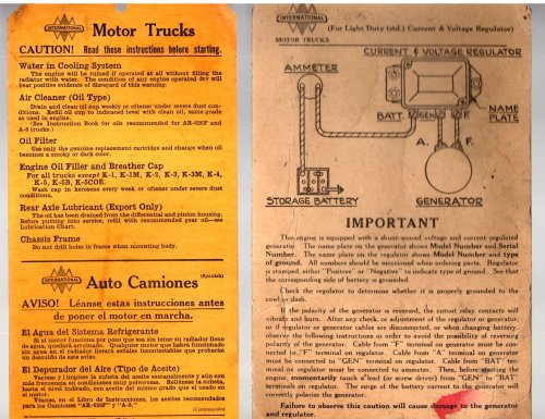 International Motor Trucks : Caution Important Instructions, K Line