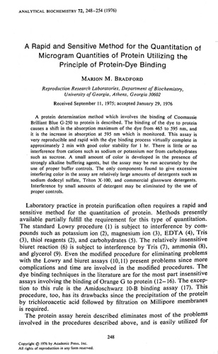 A Rapid and Sensitive Method for the Quantitation of Microgram Quantities of Protein Utilizing the Principle of Protein-Dye Binding, Analytica Biochemistry, Vol. 72, pp 248-254