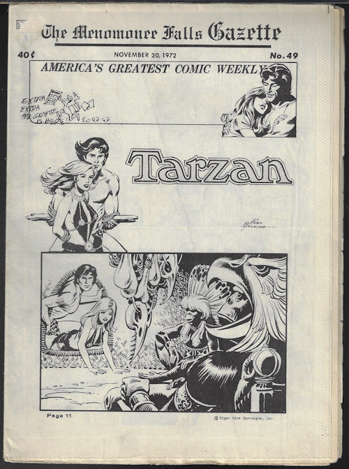 THE MENOMONEE FALLS GAZETTE #49, November, Nov. 20, 1972 (Tarzan, Garth, Johnny Hazard; Modesty Blaise, Secret Agent Corrigan, Air Hawk, Rip Kirby, Mandrake the Magician,m The Phantom, Flash Gordon, Superman, more)