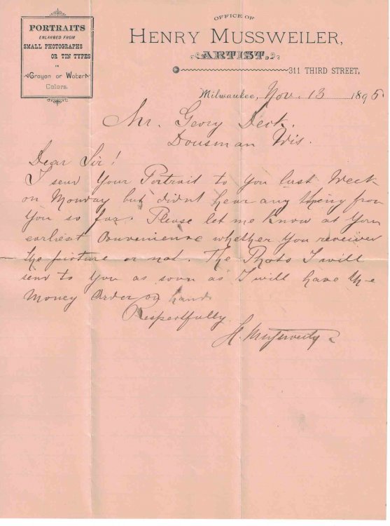 Image for 1895 Letter From Milwaukee, Wisconsin Photographer/portrait-artist Henry Mussweiler 1895 Letter From Milwaukee, Wisconsin Photographer/portrait-artist Henry Mussweiler