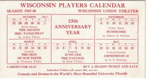 Wisconsin Players Calendar, Season 1947-48, Wisconsin Union Theater [University of Wisconsin, Madison]