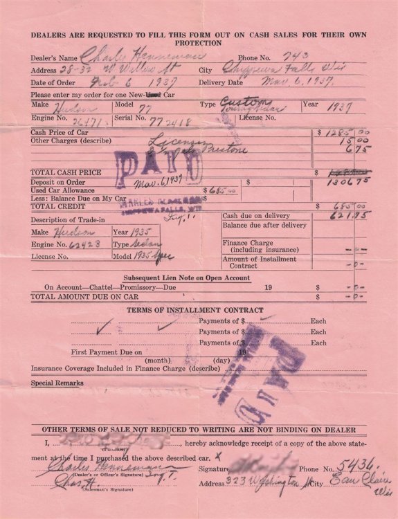 1937 Hudson Model 77 Sales Receipt [Wisconsin]