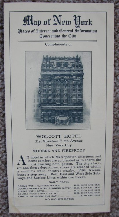 Map of New York; Places of Interest and General Information Concerning the City: Compliments of Wolcott Hotel, 31st Street - Off 5th Avenue