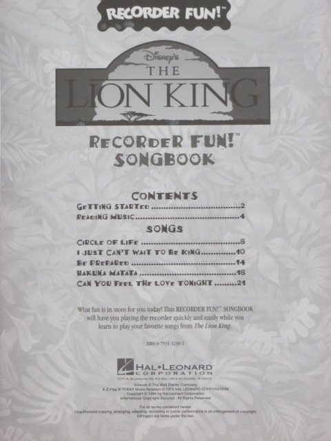 The Lion King Songbook for Recorder