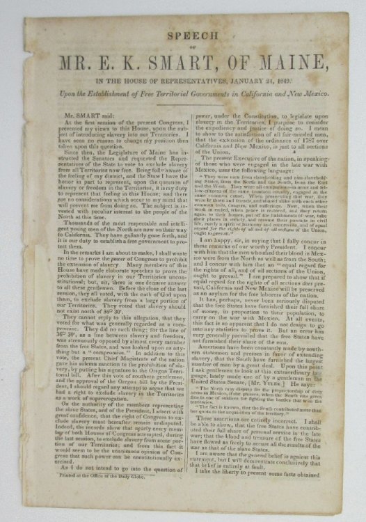 Speech of Mr. E.K. Smart of Maine in the House of Representatives January 24, 1849 on Free Territorial Governments