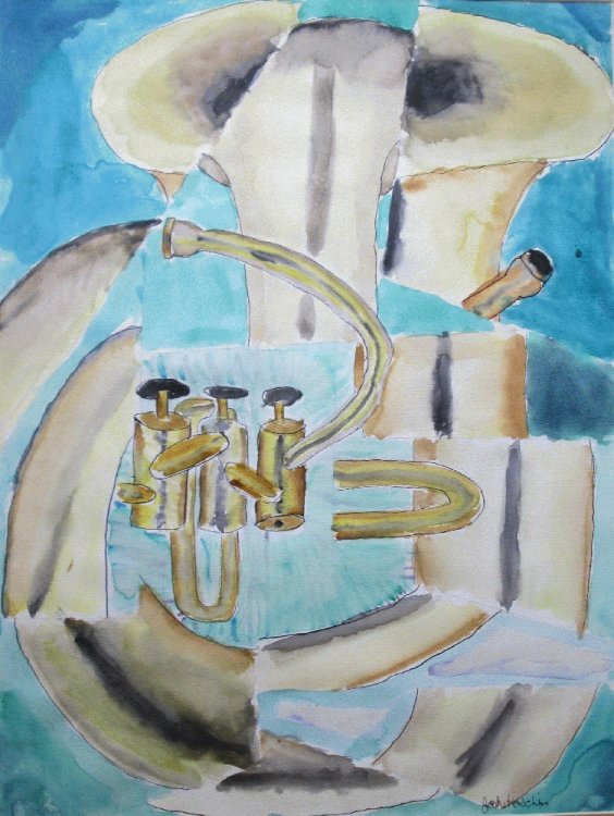 Abstract Watercolor of French Horn or Tuba, Signed Josh Karchin