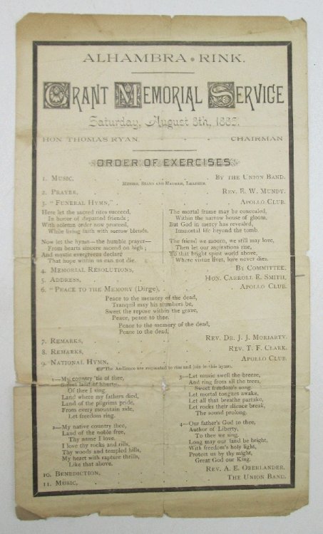 Image for Alhambra Rink, Syracuse US Grant Memorial Service Handbill Alhambra Rink, Syracuse US Grant Memorial Service Handbill