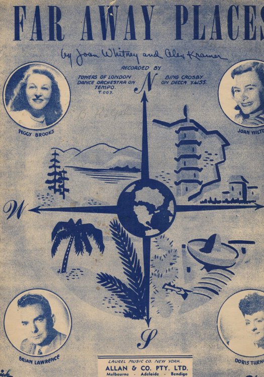 Image for Far Away Places - Vintage Sheet Music - Peggy Brooks, Joan Wilton, Brian Lawrence and Doris Turner Cover Far Away Places - Vintage Sheet Music - Peggy Brooks, Joan Wilton, Brian Lawrence and Doris Turner Cover