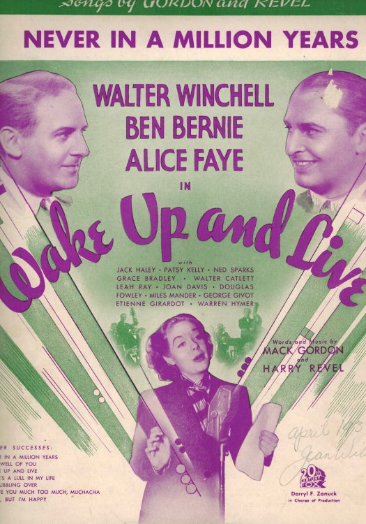 Image for Never in a Million Years - Sheet Music from Wake Up and Live - Alice Faye, Walter Winchell and Ben Bernie Cover Never in a Million Years - Sheet Music from Wake Up and Live - Alice Faye, Walter Winchell and Ben Bernie Cover