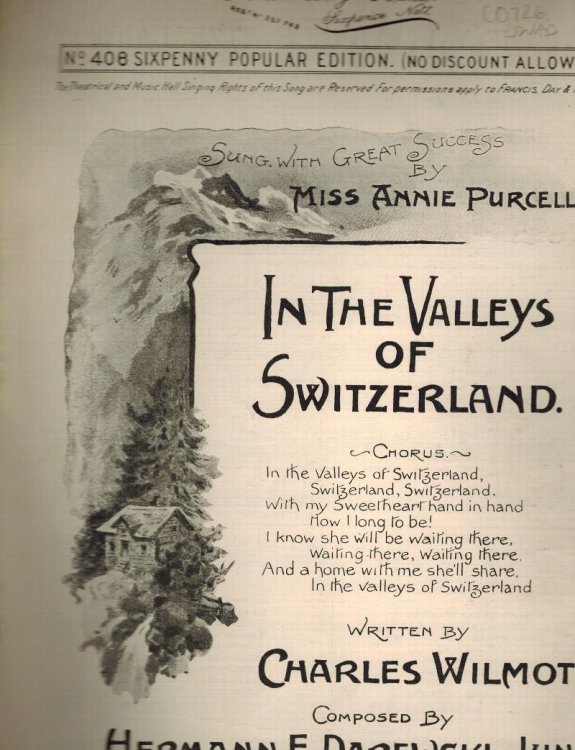 Image for In the Valleys of Switzerland - Vintage Sheet Music - as Sung By Miss Annie Purcell In the Valleys of Switzerland - Vintage Sheet Music - as Sung By Miss Annie Purcell