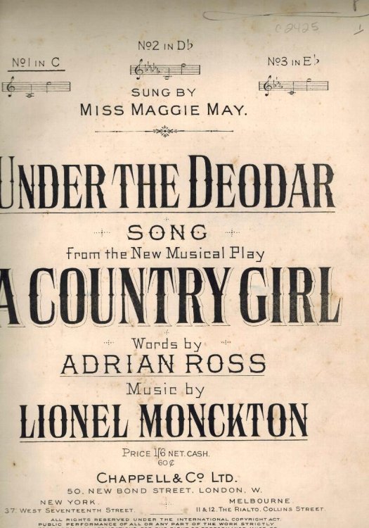 Image for Under the Deodar from the Musical : Country Girl - Vintage Sheet Music - as Sung By Miss Maggie May Under the Deodar from the Musical : Country Girl - Vintage Sheet Music - as Sung By Miss Maggie May