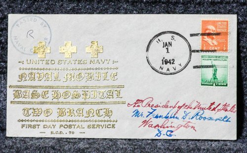 MOBILE BASE HOSPITAL NAVAL CACHET ADDRESSED TO FRANKLIN D. ROOSEVELT FROM HIS STAMP COLLECTION.