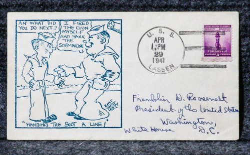 Image for USS LASSEN NAVAL CACHET ADDRESSED TO FRANKLIN D ROOSEVELT FROM HIS STAMP COLLECTION USS LASSEN NAVAL CACHET ADDRESSED TO FRANKLIN D ROOSEVELT FROM HIS STAMP COLLECTION