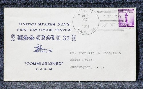 Image for USS EAGLE 32 CACHET ADDRESSED TO FRANKLIN D ROOSEVELT FROM HIS STAMP COLLECTION USS EAGLE 32 CACHET ADDRESSED TO FRANKLIN D ROOSEVELT FROM HIS STAMP COLLECTION