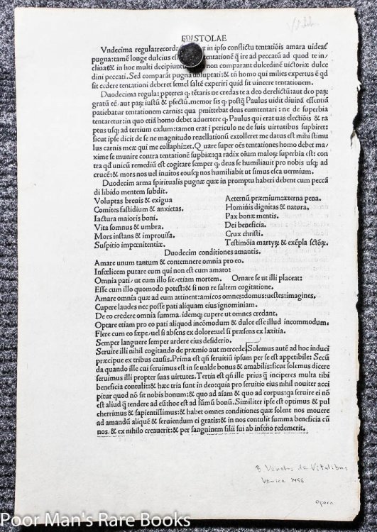 B VENTROS DE VITALIBUS, OPERA, EPISTOLAE, 1498 INCUNABLE LEAF