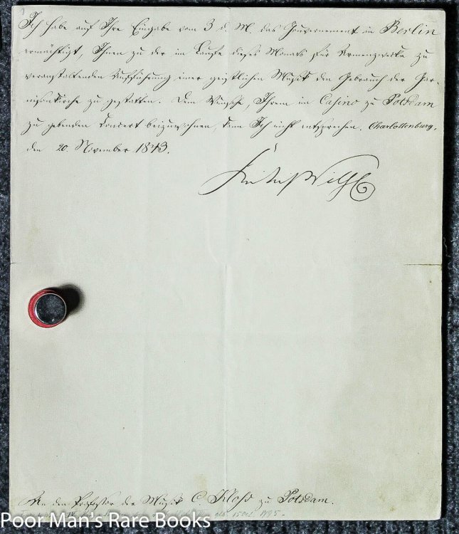 Image for Friedrich Wilhelm I V, King Of Prussia. Letter Signed. 1 Piece. Berlin: June, 1843 Friedrich Wilhelm I V, King Of Prussia. Letter Signed. 1 Piece. Berlin: June, 1843